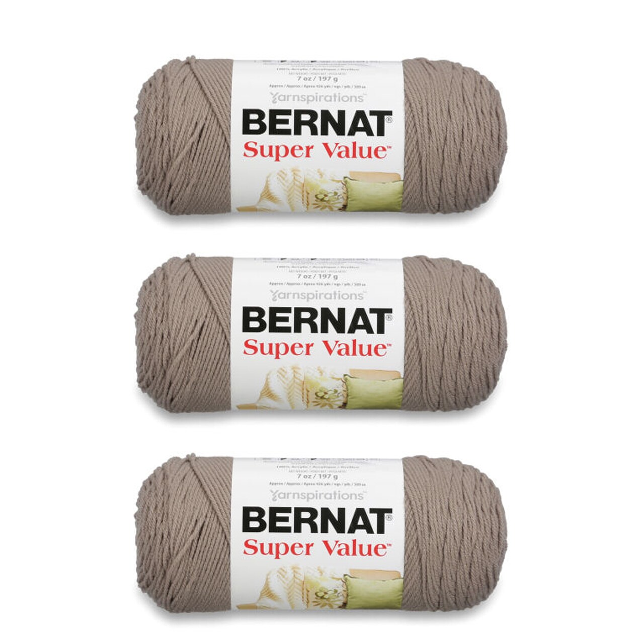 Bernat Super Value Clay Yarn - 3 Pack of 198g/7oz - Acrylic - 4 Medium (Worsted) - 426 Yards - Knitting/Crochet